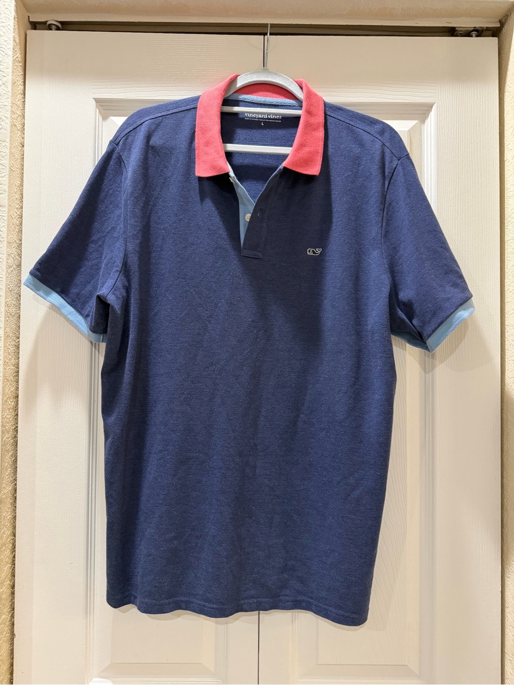 Vineyard Vines Polo Shirt Navy Blue Coral Contrast Collar Men’s Size L